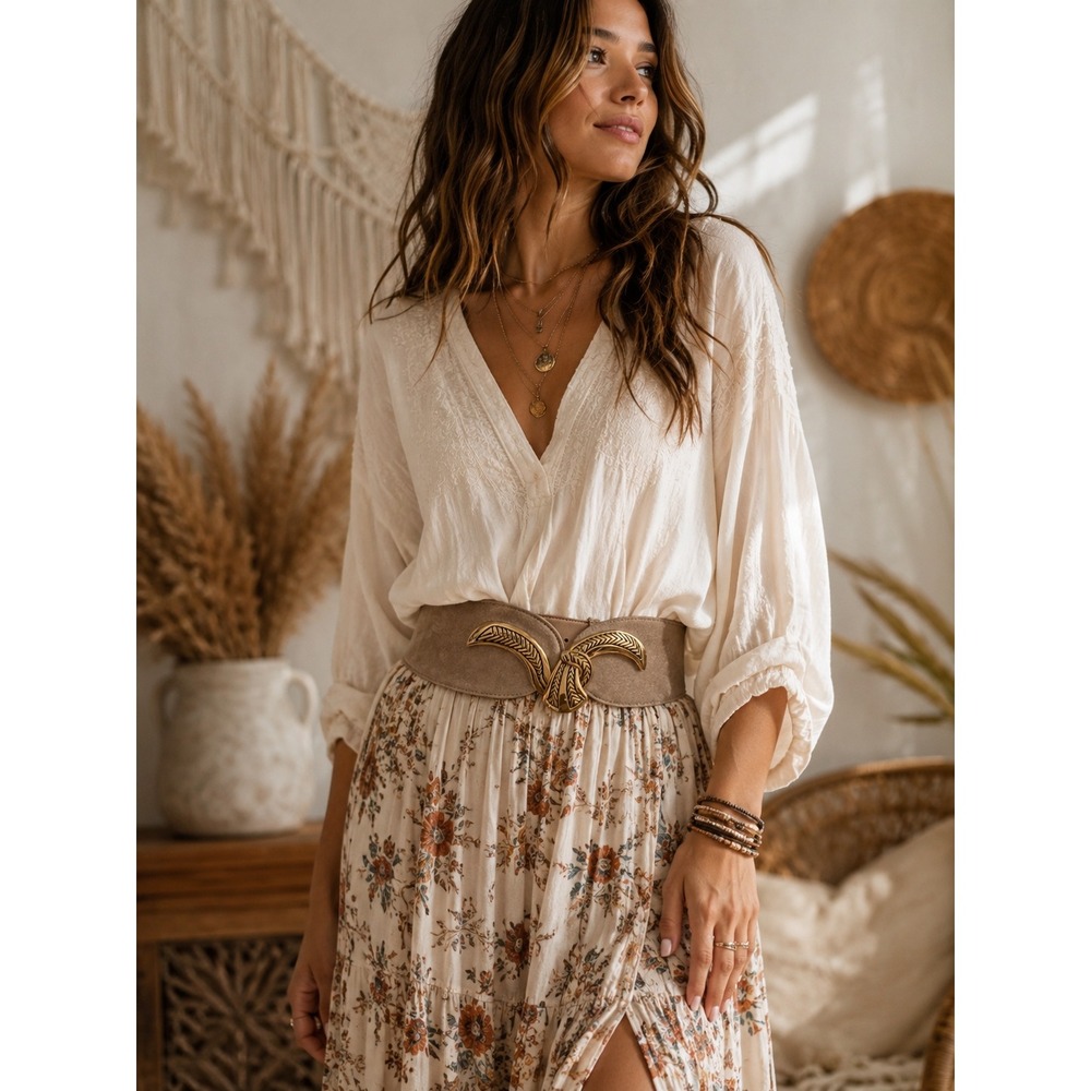 Vintage Tan Suede Wide‎ Waist Cinch Belt Gold Sculptural Buckle Art Boho Western